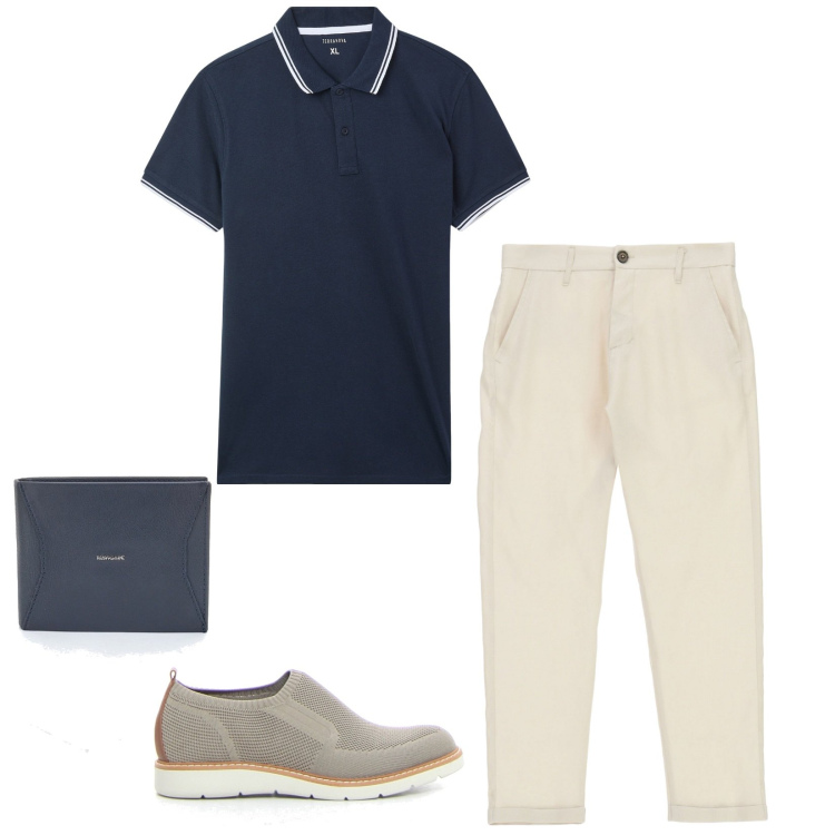 Outfit uomo - Blu e sabbia. Stile Casual per Tutti i giorni. Abbinamento con polo, pantaloni, portafogli, scarpe stringate.