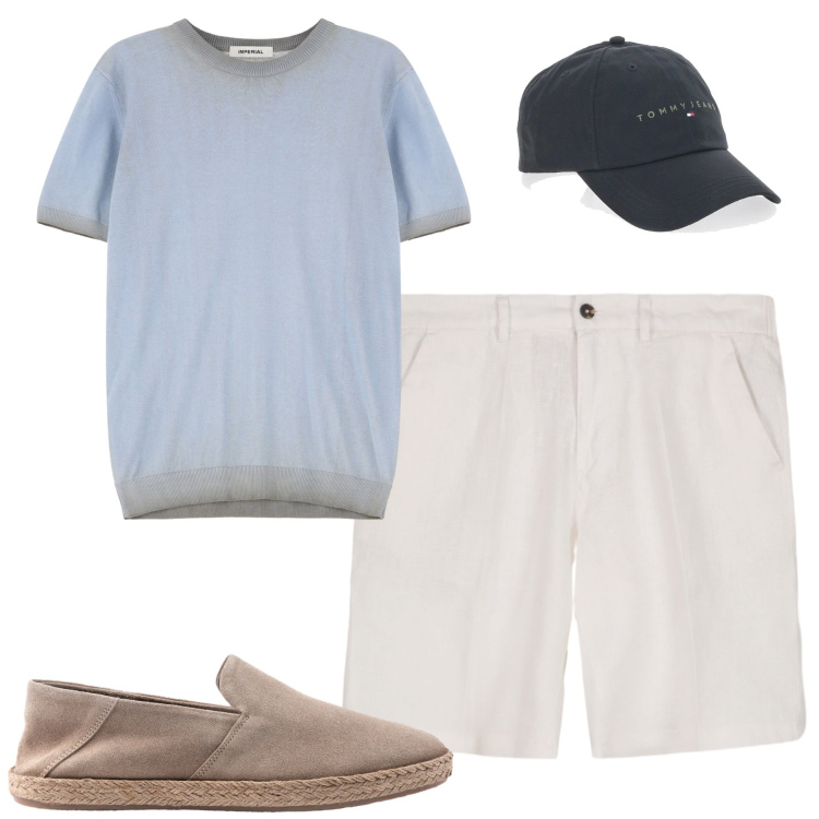 Outfit uomo - Agosto. Stile Urban per Tutti i giorni. Abbinamento con maglieria, cappelli, bermuda, espadrillas.