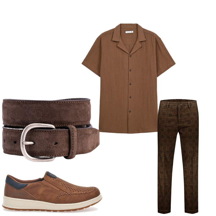 Outfit uomo - Total brown. Stile Casual per Tutti i giorni. Abbinamento con camicie a manica corta, pantaloni, sneakers, cinture.