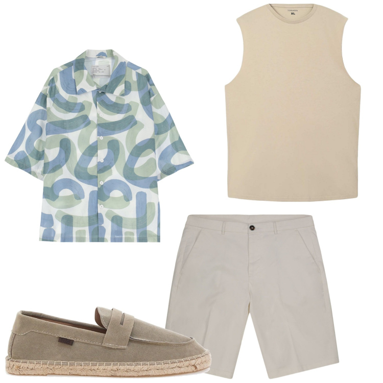 Outfit uomo - Acquerello. Stile Casual per Serata speciale. Abbinamento con canottiere, camicie a manica corta, bermuda, espadrillas.