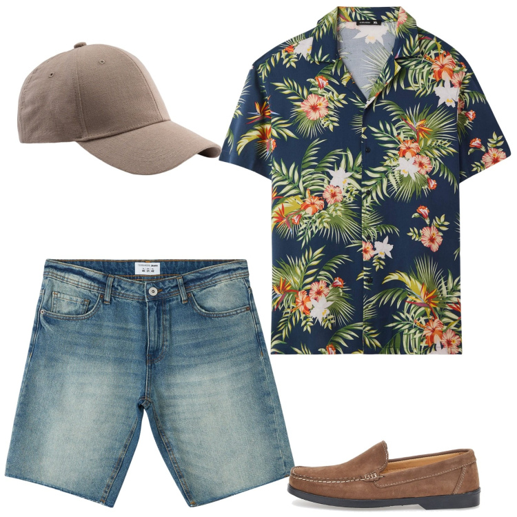 Outfit uomo - Magnum P.I.. Stile Casual per Tutti i giorni. Abbinamento con bermuda, camicie a manica corta, scarpe stringate, cappelli con visiera.