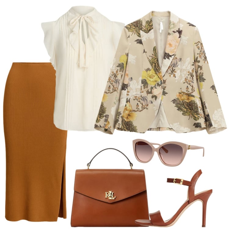 Outfit donna - Eleganza estiva. Stile Casual chic per Serata fuori. Abbinamento con blazer, camicie a manica corta, gonne, sandali in pelle, borse a mano, occhiali da sole.