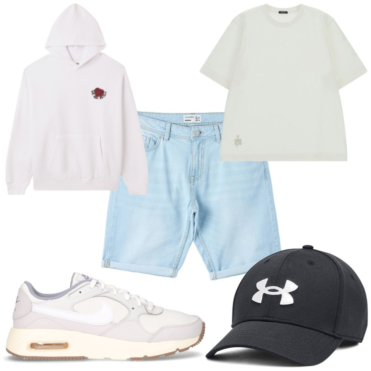 Outfit uomo - Total look #2226203. Stile Trendy per Sport. Abbinamento con bermuda, felpe con cappuccio, t-shirt, cappelli, sneakers.