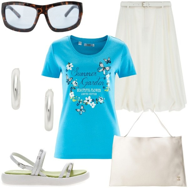 Outfit donna - La t-shirt con la stampa. Stile Casual chic per Tutti i giorni. Abbinamento con t-shirt, occhiali da sole, borse a spalla, gonne longuette, orecchini, sandali.