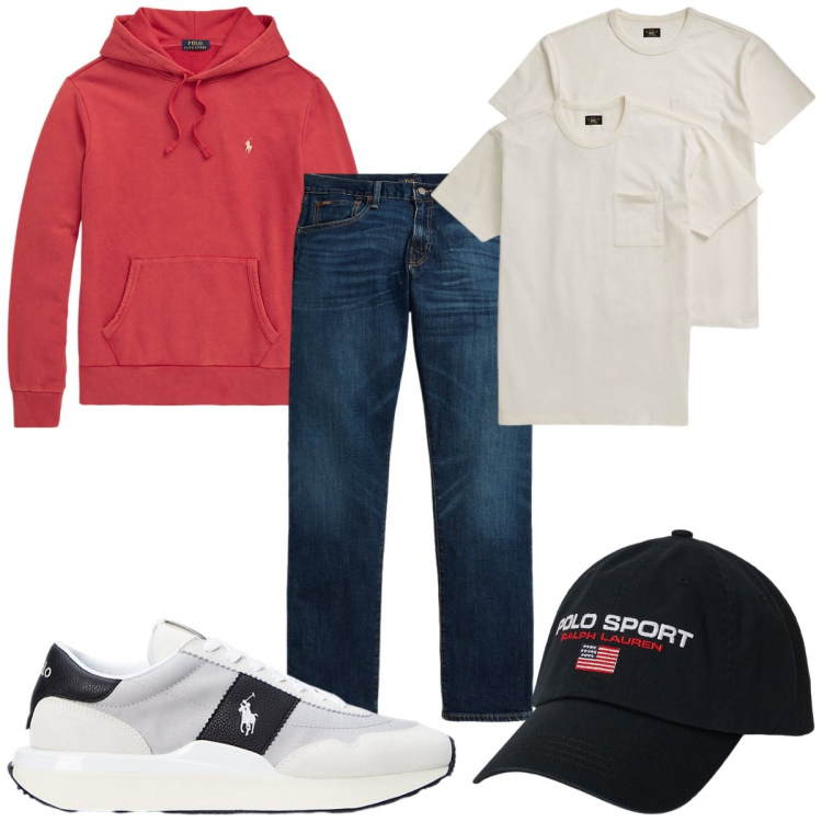 Outfit uomo - Total look #2226211. Stile Trendy per Tutti i giorni. Abbinamento con felpe con cappuccio, t-shirt, sneakers, jeans dritti, cappelli.