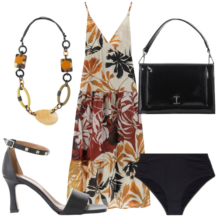 Outfit donna - Total look #2226213. Stile Trendy per Mare. Abbinamento con vestiti lunghi, borse a tracolla, sandali col tacco, bikini, collane.