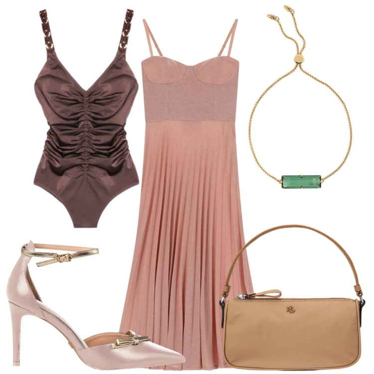 Outfit donna - Total look #2226217. Stile Chic per Mare. Abbinamento con décolleté, vestiti midi/longuette, pochette, braccialetti, costumi interi.