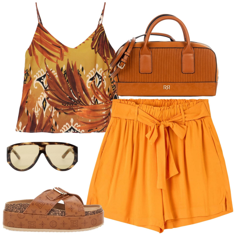 Outfit donna - Colori della terra. Stile Basic per Tutti i giorni. Abbinamento con shorts, borse a mano, occhiali da sole, canottiere, ciabatte.