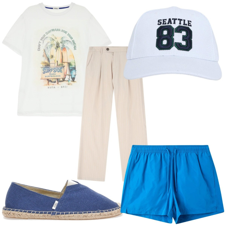 Outfit uomo - Total look #2226224. Stile Trendy per Mare. Abbinamento con cappelli, costumi, pantaloni, t-shirt, espadrillas.