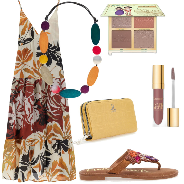 Outfit donna - Colori. Stile Boho per Tutti i giorni. Abbinamento con rossetti, blush, vestiti lunghi, infradito, portafogli, collane.