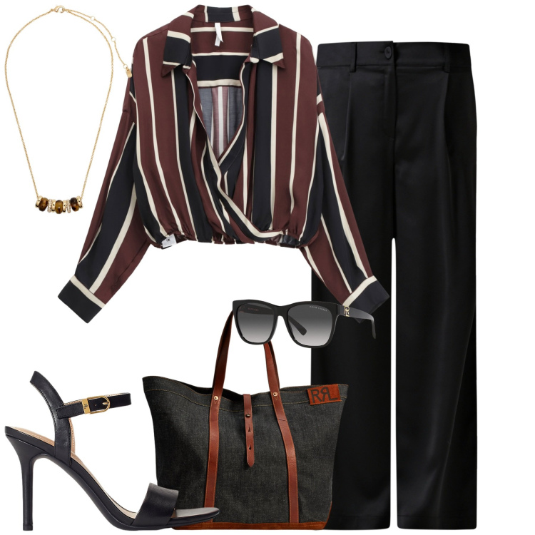 Outfit donna - City. Stile Urban per Tutti i giorni. Abbinamento con pantaloni, camicie, collane, occhiali da sole, sandali in pelle, borse tote.