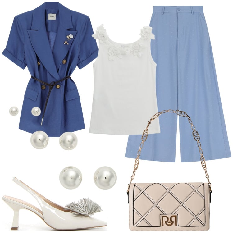 Outfit donna - Tailoring estivo. Stile Chic per Cerimonia. Abbinamento con borse a tracolla, pantaloni, top, blazer, orecchini, décolleté.