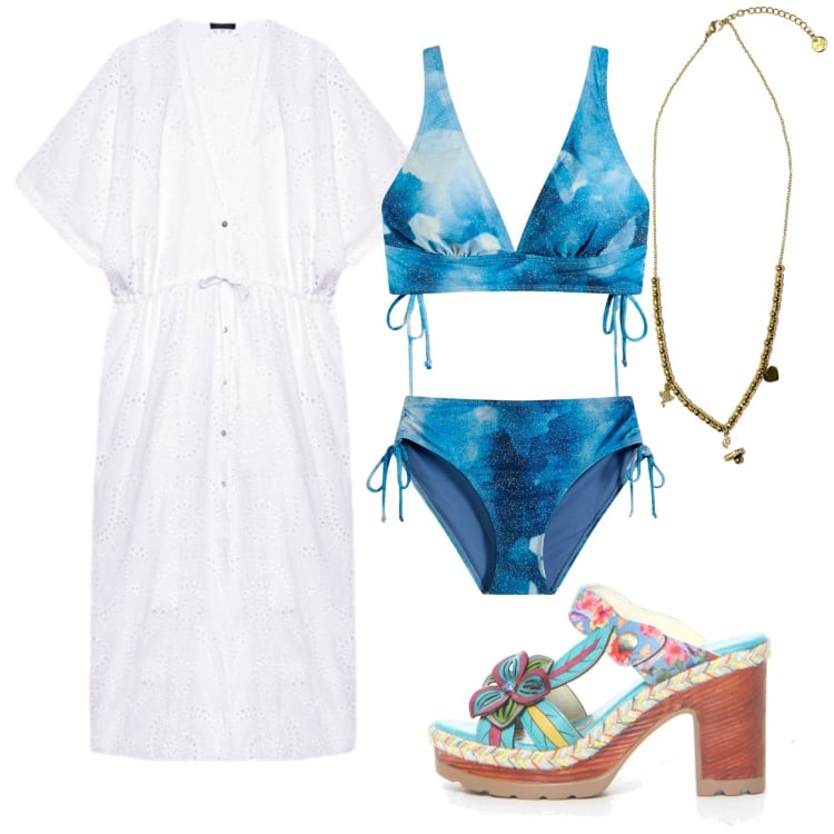 Outfit donna - Caftano in agosto. Stile Trendy per Mare. Abbinamento con bikini, ciondoli, ciabatte, caftani.
