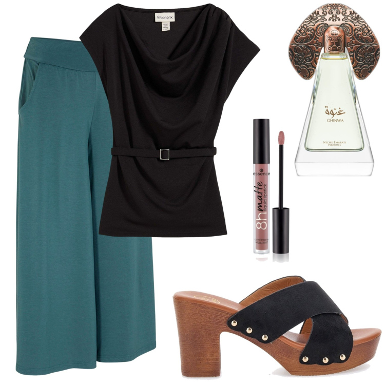 Outfit donna - Zoccolo nero. Stile Minimal per Tutti i giorni. Abbinamento con pantaloni culotte, top, rossetti, profumi, zoccoli.