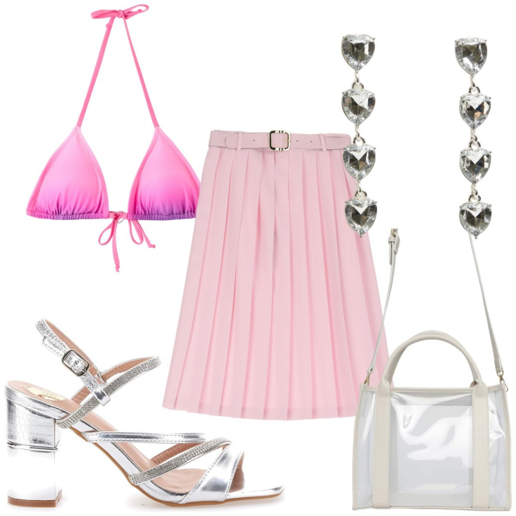 Outfit donna - Total look #2226252. Stile Trendy per Mare. Abbinamento con borse tote, bikini, orecchini, gonne longuette, sandali col tacco.