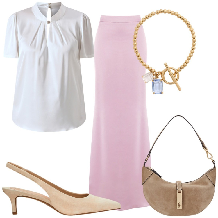 Outfit donna - Total look #2226254. Stile Chic per Tutti i giorni. Abbinamento con gonne lunghe, bluse, braccialetti, borse a spalla, décolleté.