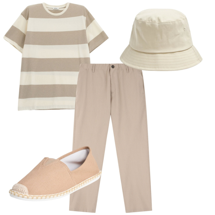 Outfit uomo - Vestito di chiaro. Stile Trendy per Tutti i giorni. Abbinamento con cappelli, espadrillas, t-shirt, pantaloni.