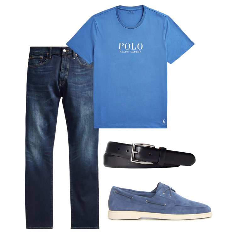 Outfit uomo - Mi piace il blu. Stile Urban per Tutti i giorni. Abbinamento con t-shirt, jeans, cinture, scarpe stringate.