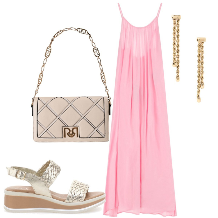 Outfit donna - L’abito rosa scivolato e leggero. Stile Chic per Serata fuori. Abbinamento con borse a tracolla, vestiti lunghi, orecchini, sandali.