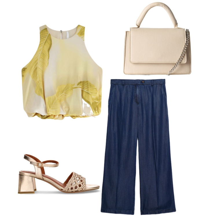 Outfit donna - Tocco chic. Stile Casual chic per Tutti i giorni. Abbinamento con borse a tracolla, top, sandali col tacco, jeans.