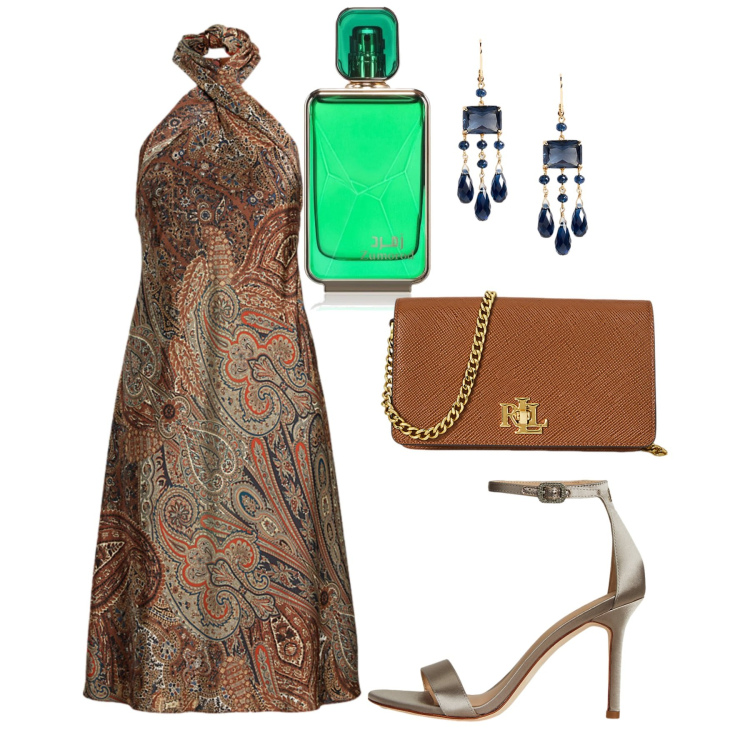 Outfit donna - Cerimonia. Stile Glamour per Cerimonia. Abbinamento con profumi, vestiti, borse a tracolla, sandali col tacco, orecchini.
