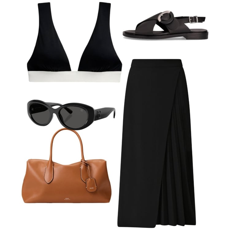 Outfit donna - Black. Stile Chic per Tutti i giorni. Abbinamento con gonne longuette, top, borse a mano, occhiali da sole, sandali.