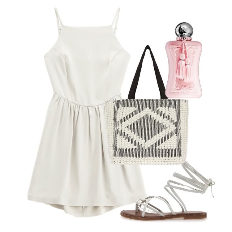 Outfit donna - Agosto. Stile Bon Ton per Tutti i giorni. Abbinamento con profumi, vestiti corti, shopping bag, sandali.