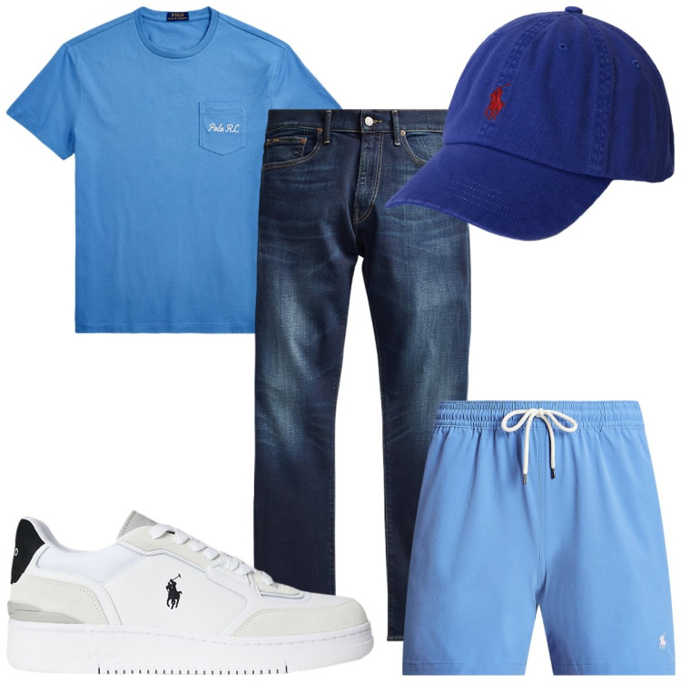 Outfit uomo - Total look #2226309. Stile Trendy per Mare. Abbinamento con costumi, jeans, t-shirt, sneakers, cappelli con visiera.