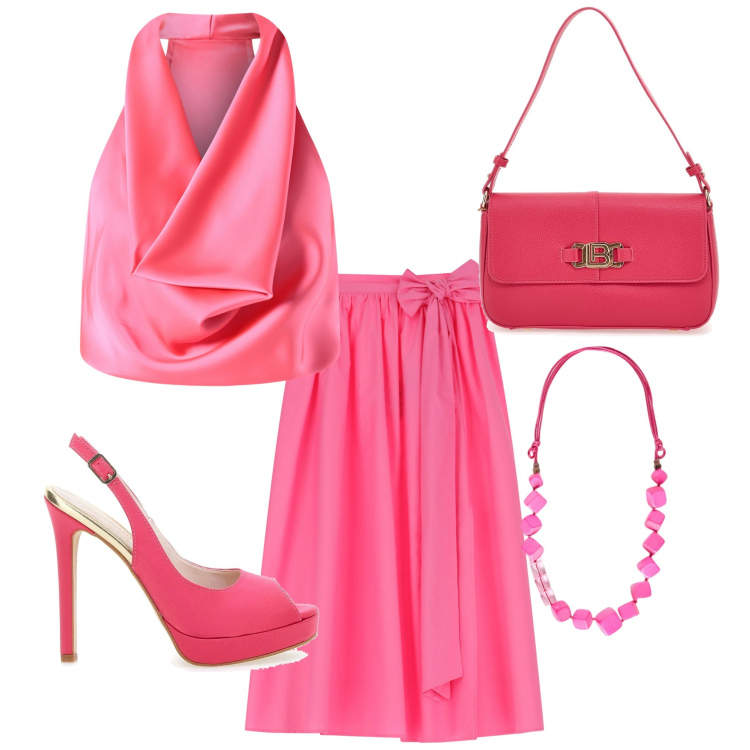 Outfit donna - Total Barbie. Stile Glamour per Serata fuori. Abbinamento con top, gonne lunghe, borse a spalla, décolleté, collane.