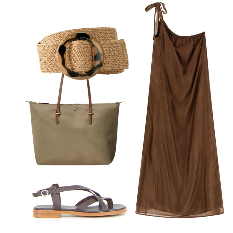 Outfit donna - Total look. Stile Chic per Tutti i giorni. Abbinamento con cinture, vestiti lunghi, borse tote, sandali.