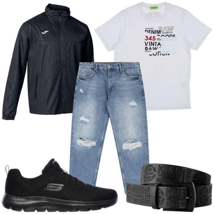 Outfit uomo - Total look #2226314. Stile Casual per Tutti i giorni. Abbinamento con cinture, jeans strappati, t-shirt, giacche, scarpe sportive.