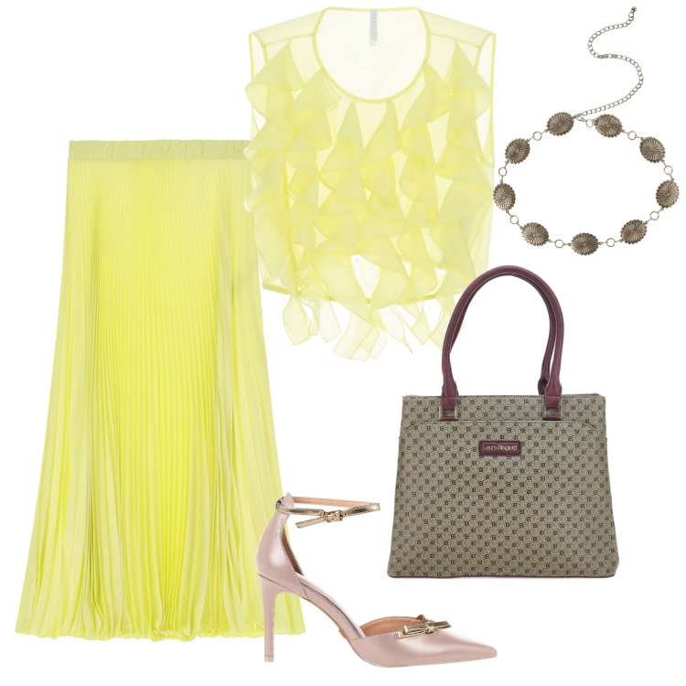 Outfit donna - Solare in estate. Stile Chic per Serata fuori. Abbinamento con cinture, décolleté, top, gonne lunghe, borse a spalla.