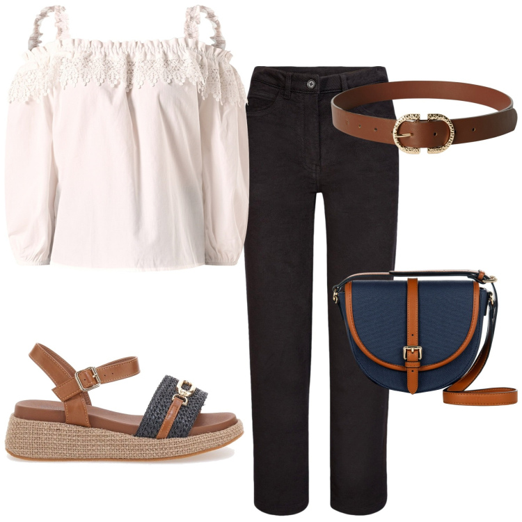 Outfit donna - Total look #2226316. Stile Casual chic per Ufficio. Abbinamento con cinture, bluse, borse a tracolla, sandali, pantaloni.