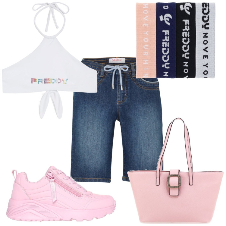Outfit donna - Total look #2226317. Stile Basic per Mare. Abbinamento con bermuda, braccialetti, bikini, sneakers, borse a spalla.
