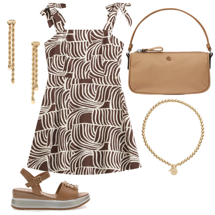 Outfit donna - Serata al mare. Stile Basic per Tutti i giorni. Abbinamento con vestiti corti, collane, pochette, orecchini, sandali.