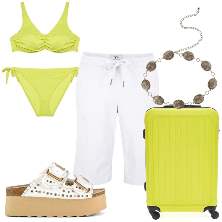 Outfit donna - Total look #2226320. Stile Trendy per Mare. Abbinamento con bermuda, cinture, sandali, bikini, valigie.
