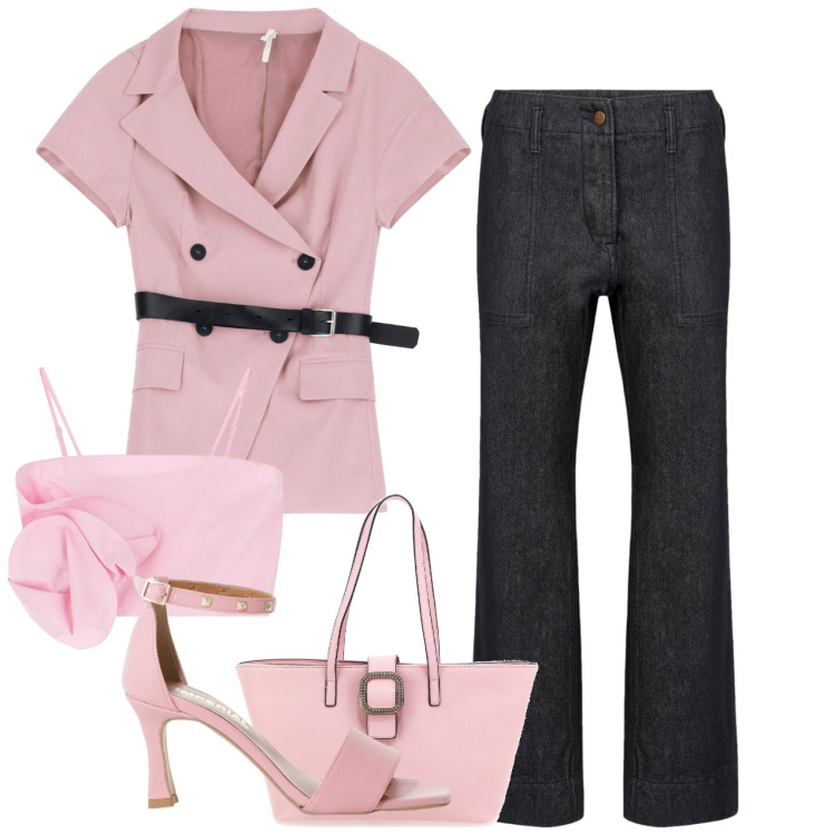 Outfit donna - In città. Stile Casual chic per Tutti i giorni. Abbinamento con blazer, sandali col tacco, top, pantaloni, borse a spalla.