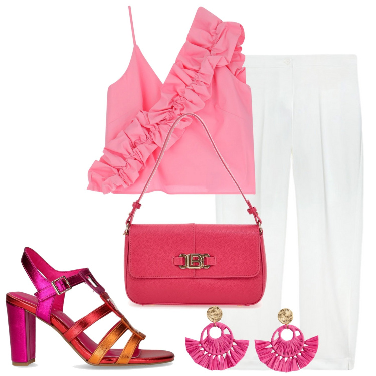 Outfit donna - Bella accesa. Stile Glamour per Tutti i giorni. Abbinamento con orecchini, top, borse a spalla, pantaloni, sandali col tacco.