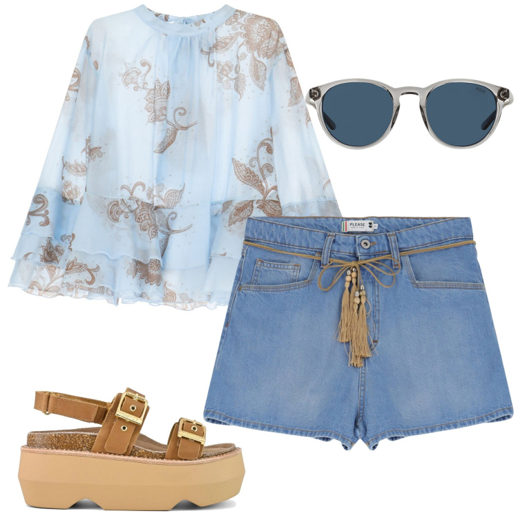 Outfit donna - Total look #2226331. Stile Etnico per Tutti i giorni. Abbinamento con shorts, camicie, occhiali da sole, sandali col tacco.