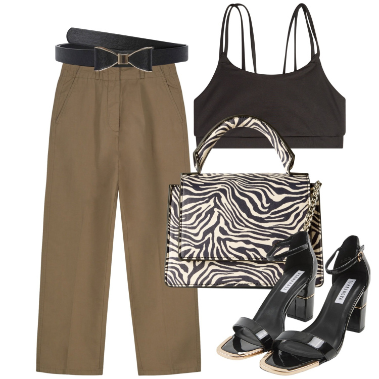 Outfit donna - Come abbino la borsa zebrata. Stile Trendy per Serata fuori. Abbinamento con sabot, borse a tracolla, cinture, canottiere, pantaloni.