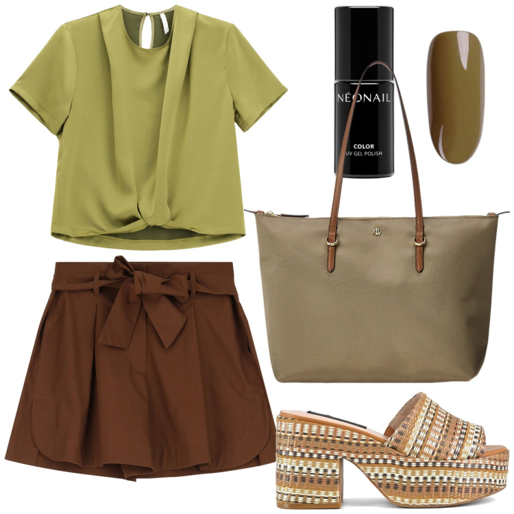 Outfit donna - Safari sgargiante. Stile Military per Tutti i giorni. Abbinamento con smalti, shorts, bluse, borse tote, zeppe.