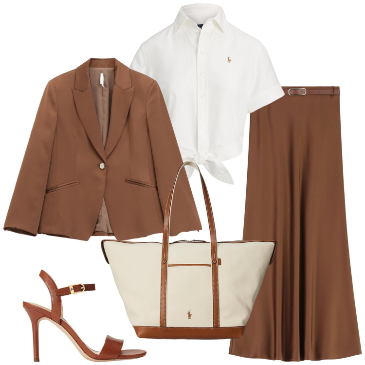 Outfit donna - Total look #2226342. Stile Glamour per Ufficio. Abbinamento con gonne lunghe, blazer, sandali in pelle, camicie, borse tote.