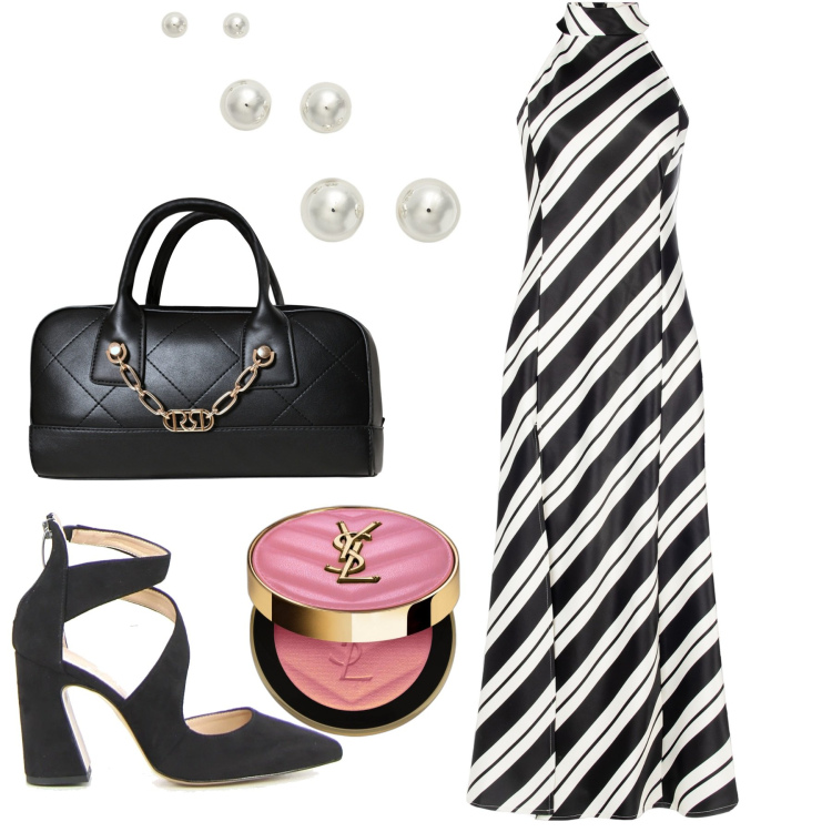 Outfit donna - In lungo. Stile Chic per Serata fuori. Abbinamento con blush, borse a mano, vestiti, orecchini, sandali in pelle.
