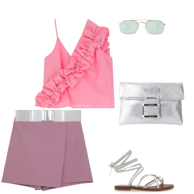 Outfit donna - Rosa e argento. Stile Casual per Tutti i giorni. Abbinamento con minigonne, cinture, top, occhiali da sole, pochette, sandali.