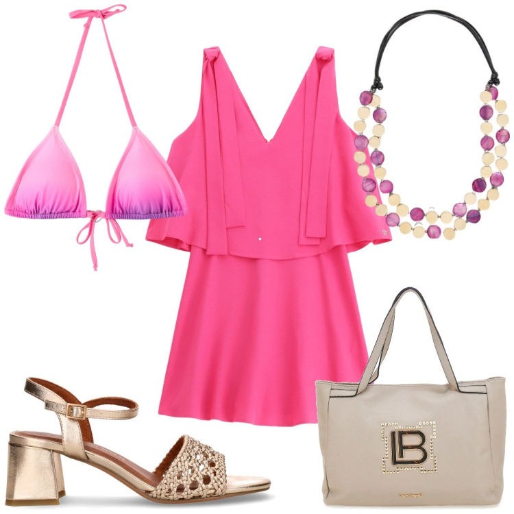 Outfit donna - Total look #2226360. Stile Trendy per Mare. Abbinamento con bikini, vestiti corti, borse a spalla, collane, sandali col tacco.