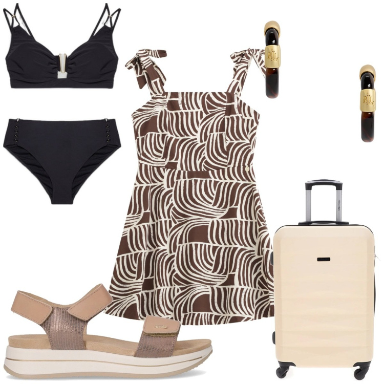 Outfit donna - Total look #2226361. Stile Trendy per Mare. Abbinamento con vestiti corti, orecchini, bikini, valigie, sandali.