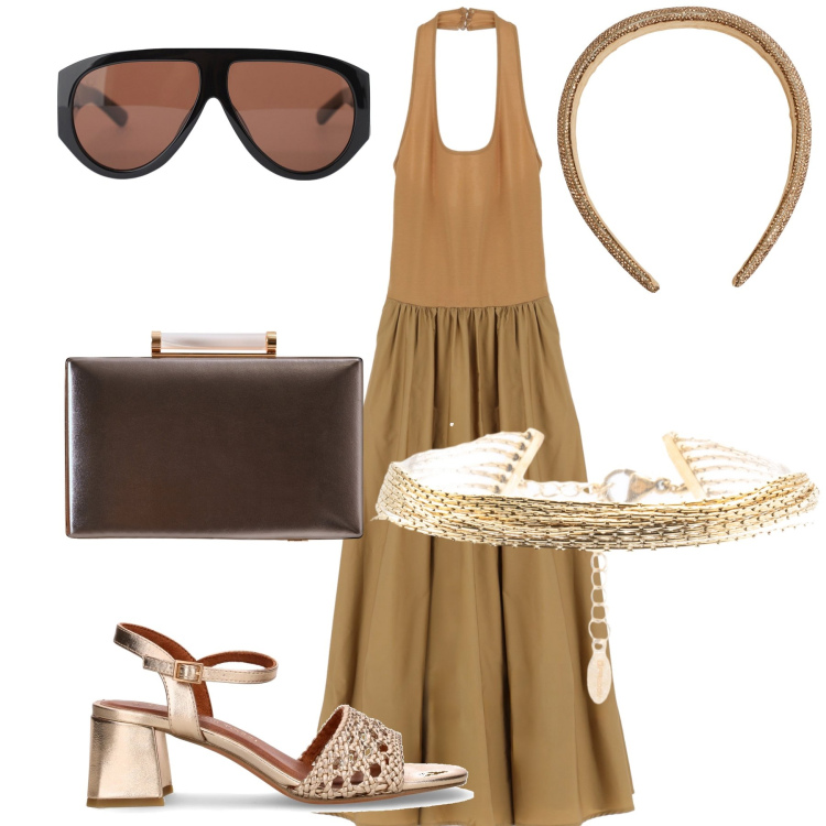 Outfit donna - Notte di ferragosto in campagna. Stile Trendy per Serata fuori. Abbinamento con cerchietti, clutch, occhiali da sole, vestiti lunghi, braccialetti, sandali col tacco.