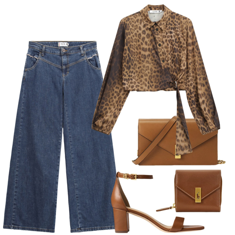 Outfit donna - Animalier e denim. Stile Chic per Serata fuori. Abbinamento con jeans, camicie, sandali in pelle, portafogli, clutch.