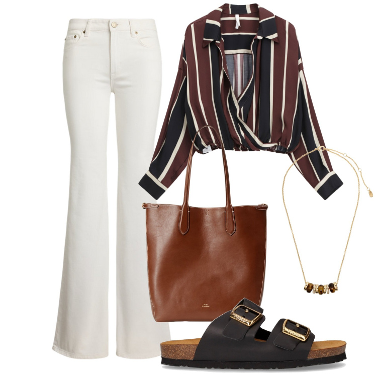 Outfit donna - Jeans bianco. Stile Chic per Serata fuori. Abbinamento con camicie, borse tote, collane, jeans, ciabatte.