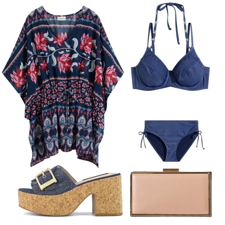 Outfit donna - Party on the beach. Stile Boho per Serata fuori. Abbinamento con bikini, vestiti da spiaggia, pochette, sandali.